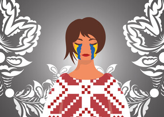 The girl sheds tears with the color of the flag of Ukraine. Pray for Ukraine. Stop war. Vector illustration.