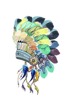 boho illustration, feather headdress boho illustration, feather headdress, indian tribal helmet