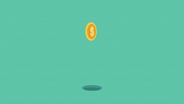 Golden dollar coin jumping and spinning on 360 degrees. Cartoon animation of dollar symbol. Template for design collecting currency. Money saving, donation, banking and concept. Alpha Channel. 4K.