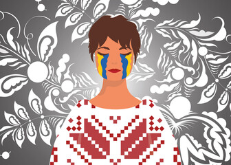 Woman crying with the color of the flag of Ukraine. Pray for Ukraine. Stop war. Vector illustration.