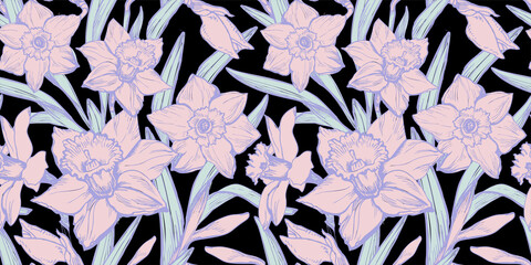 Spring hand drawn flowers daffodils. Delicate floral seamless pattern. Pastel floral vector swatch in calm tones on black background. Elegant design for textile, fabric, wallpaper, packaging. 