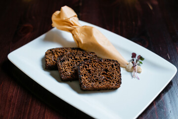 Fried black bread. Restaurant menu concept.