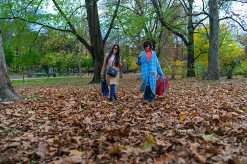 Two beautiful young women with shopping bags walking on the dry leaves