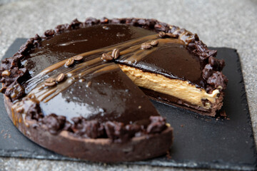 Chocolate espresso tart with mousse and glaze, homemade