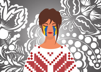 A woman is crying in a stream. Pray for Ukraine. Stop war. Vector illustration.