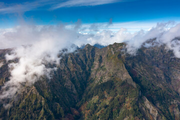 View into the valley of nuns in Madeira, Portugal. Mountains with dramatic clouds. 
