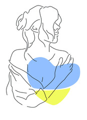 Abstract portrait of a girl with ukrainian heart. Ukrainian flag. Stop war in Ukraine. 