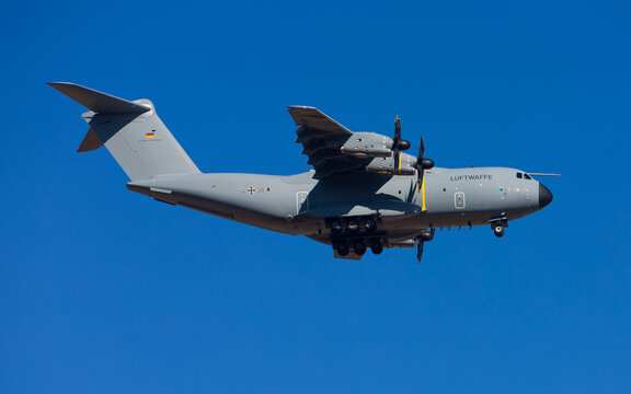 Germany Luftwaffe (German Air Force) Airbus A400M military cargo aircraft on final approach against blue sky, March 2022, 54+38