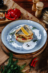 Fried cod with rice. Top view.