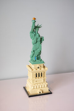 Calgary, Alberta - March  10, 2022: Isolated image of a completed Statue of Liberty lego set.