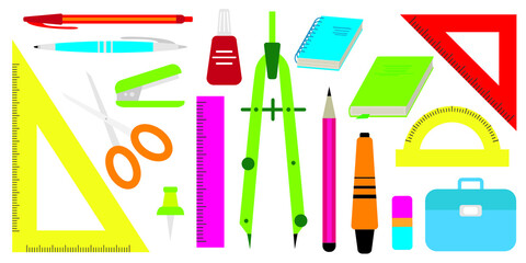 Office and school education  study set collection objects. Vector cartoon illustration of ruler, book, pen, pencil, notebook, bag, eraser, drawing compass, scissors. Back to school.