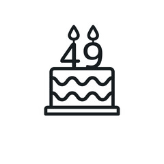 Birthday cake line icon with candle number 49 (forty-nine). Vector.