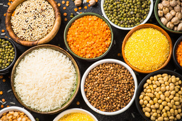 Gluten free food, cereals. Rice, buckwheat, corn, lentils, soy beans and quinoa at black. Allergen free. Top view with copy space.