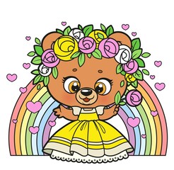 Cute cartoon teddy bear in yellow princess dress and wreath of roses color variation for coloring page on a rainbow background