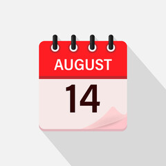 August 14, Calendar icon with shadow. Day, month. Flat vector illustration.