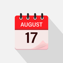 August 17, Calendar icon with shadow. Day, month. Flat vector illustration.