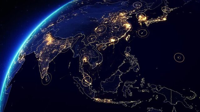 Beautiful view of Earth with City Lights. Asian Cities at Night. Modern Business and Technology Concept. View from Space Satellite. 