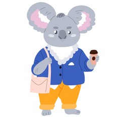 Cute koala in a suit with a glass of coffee. Flat illustration isolated on white background 