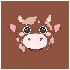 Cute cow portrait square smile head cartoon round shape farm avatar animal face, isolated vector icon illustration. Flat character simple hand drawn for kids poster, cards, t-shirts, baby clothes