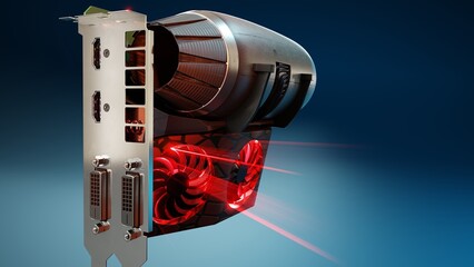 An imaginary GPU card with a jet engine attached to it