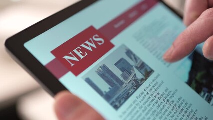 Reading the News Online on a Touch Screen Tablet Closeup - Powered by Adobe