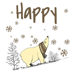 card with polar bear HAPPY card with the text HAPPY, hand drawing of a polar bear with a scarf and snow