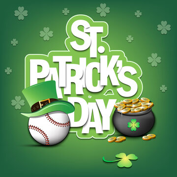 Happy St. Patrick's day.Baseball ball in leprechaun hat, pot with gold coins and clover. Pattern design for logo, banner, poster, greeting card. Vector illustration on isolated background