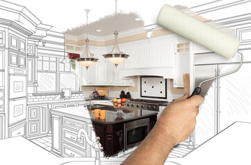 Before and After of Man Painting Roller to Reveal Newly Remodeled Kitchen Under Pencil Drawing...