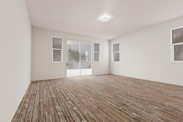 Raw Unfinished Room of House with Blank White Walls and Worn Wood Floors.