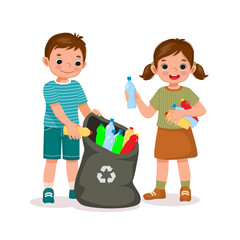Little kids collecting and picking up plastic bottles into garbage bag for recycling help to protect save environment