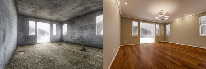 Before and After of Unfinished Raw and Newly Remodeled Room Of House with Finished Wood Floors, Moulding, Paint and Ceiling Lights. - obrazy, fototapety, plakaty