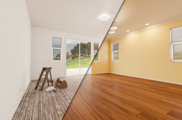 Unfinished Raw and Newly Remodeled Room of House Before and After with Wood Floors, Moulding, Light...