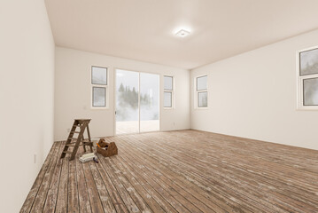 Ladder and Painting Equipment In Raw Unfinished Room of House with Blank White Walls and Worn Wood...