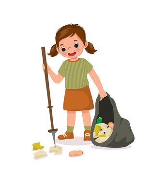 girl picking up trash, brown skirt, green shirt clip art preview