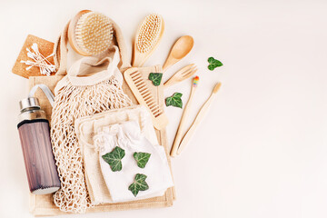 Personal care products made from natural materials.Flat lay of personal care zero waste supplies.Plastic-free concept.Items for hygiene and face and body care made of eco-friendly materials.