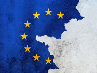 Flag of European Union on cracked cement of old damaged wall texture. Europe