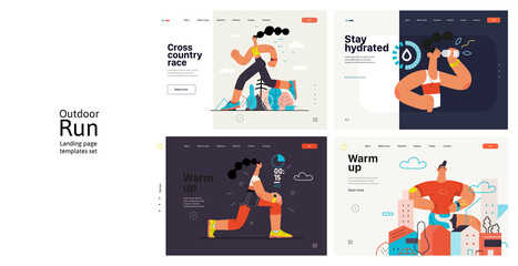 Runners website templates set. Flat vector concept illustrations of athletes running in a park, forest, stadium track or street landscape. Healthy activity and lifestyle. Sprint, jogging, warming up.