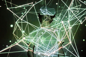 Visualization of metadata. Woman in VR glasses. Virtual reality in a helmet