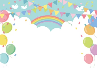 Photo sur Plexiglas Montgolfière 風船と虹のパーティー背景フレーム　ブルー