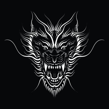 The Vector logo dragon or dinosaur on black cloth for T-shirt print  design or outwear.  Hunting style reptile background. This drawing would be nice to make on the black fabric or canvas.