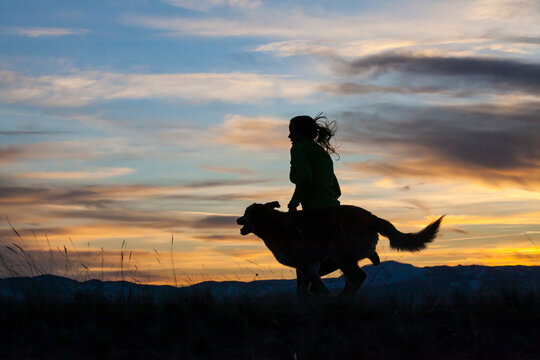 A woman and a dog run together at sunset.