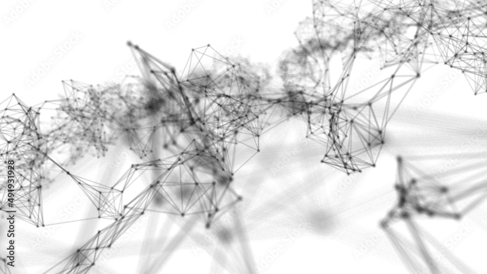 Poster Plexus fantasy abstract technology. Abstract geometric background with moving lines, dots and triangles. Science. Medicine and technology