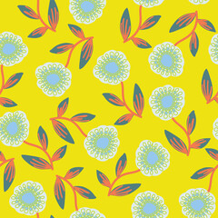 Yellow with baby blue floral elements and red stems seamless pattern background design.