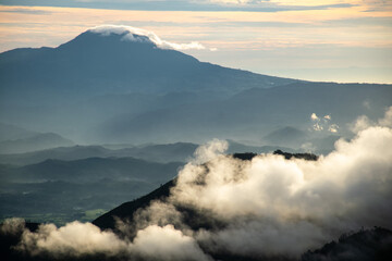 colorful sunrise at the highest peak of Mount Si Kunir, Mount Dieng, Wonosobo, Indonesia 
