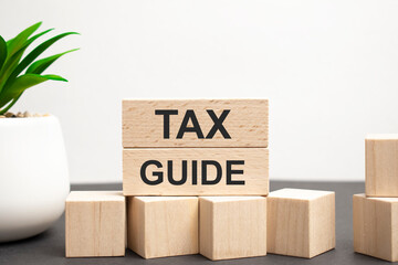 The word tax guide on wooden block with telephone background.