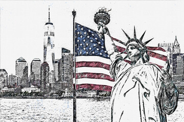 Drawing of Statue of Liberty with a large american flag and New York skyline in the background