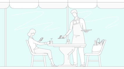 Young woman relaxing in cafe and waiter carrying a tray.