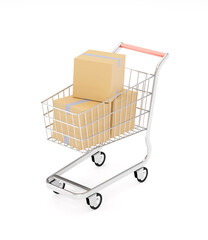 Shopping cart with boxes on white isolated background. 3d illustration