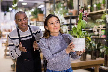Seller helping woman to choose orchids flowers in flower shop