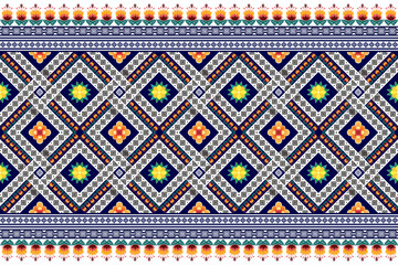 Ikat ethnic seamless pattern design. Aztec fabric carpet mandala ornament chevron textile decoration wallpaper. Abstract tribal turkey African American Indian traditional embroidery vector background